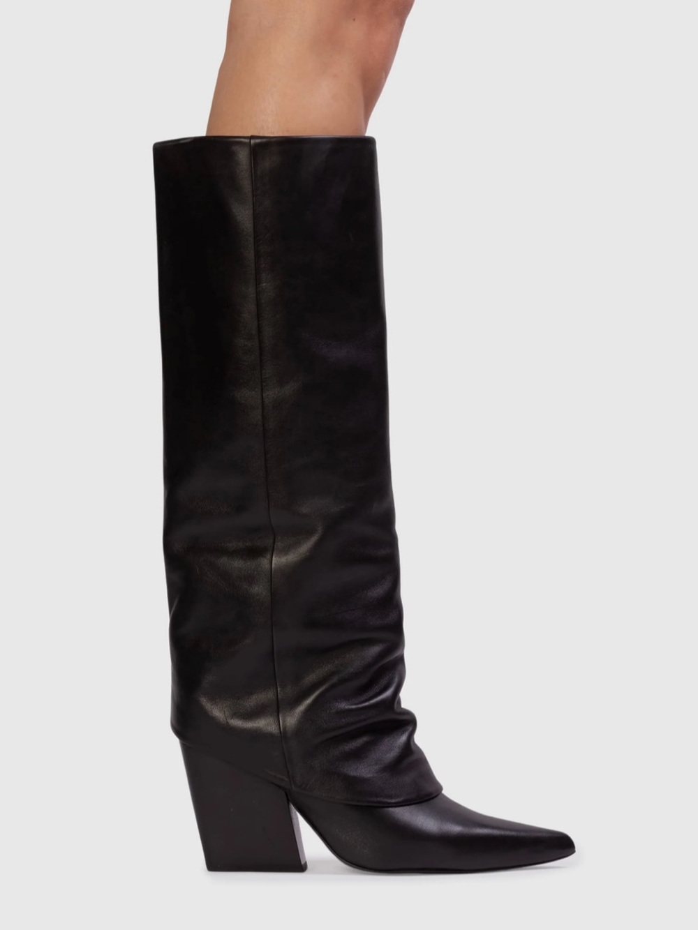Women's Black Leather Knee-High Pointed Toe Block Heel Boots